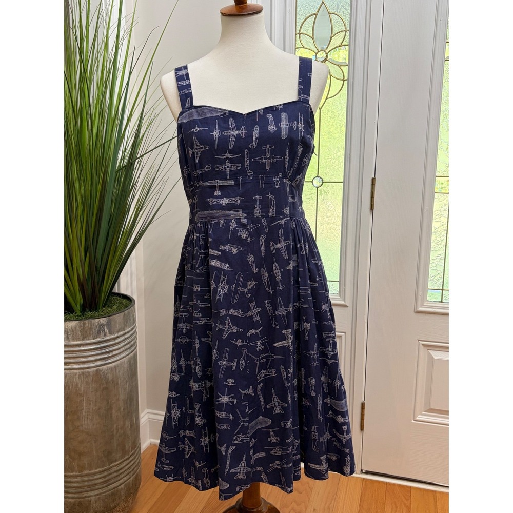 Bea & Dot ModCloth Airplane Vintage Inspired Dress Blue White Cotton Retro XL